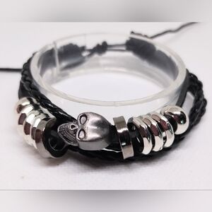 Men's Bracelet Leather Skull Braided Layered Black NEW f42
